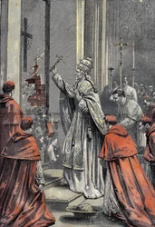 Leon XIII, ne Vincenzo Gioacchino Raffaele Luigi Pecci (1810-1903), 256th Pope of the Catholic Church, weapon of a golden hammer, opens the door of jubilee in St. Peter (St. Peter) of the Vatican on 24 December 1899. Engraving in “” Le Pelerin 31/12/1899.
