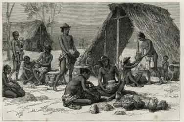 Les Indiens Galibis (eller Kalinas) som lager keramikk, gravering av D. Maillart, for å illustrere utforskningsreisen i det indre av Guyana av Dr. Jules Crevaux, lege ved den franske marinen, i 1876-1877, publisert i tour du monde , under ledelse o