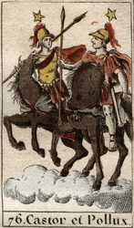 Les dioscures Castor et Pollux (Castor og Pollux the Dioscuri (Dioskouroi) Fra "Mythologie de la jeunesse" av Pierre Blanchard 1803