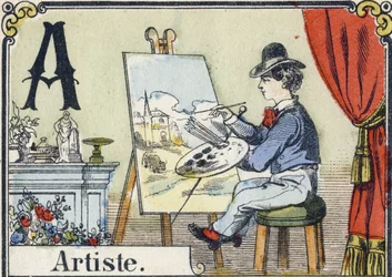 Bokstav A: kunstner. Rekreativt alfabet. Epinal avbildning. Sjablongert trestikk, ca 1880. Lite hefte på 16 sider (205 x 150 mm). Privat samling