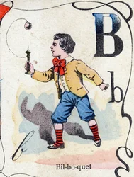 Bokstav B Bilboquet. Gravering i "ABC des joux pour petits boys". Avbildning av Pont-a-Mousson, Louis Vagne, trykkeri-utgiver, sent på 1800-tallet. Mål: 32,5x25 cm