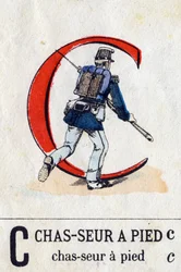 Bokstaven C som fotjeger. Militært alfabet (ABC eller abecedary). Avbildning av Epinal, rundt 1870-1880). Sjablongfargede tresnitt. Privat samling