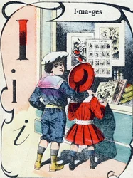Bokstav I: bilder. Gravering i "ABC des joux pour petits boys". Avbildning av Pont-a-Mousson, Louis Vagne, trykkeri-utgiver, sent på 1800-tallet. Mål: 32,5x25 cm