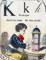 Bokstav K: sjokoladedispenser kiosk. Gravering i "ABC des joux pour petits boys". Avbildning av Pont-a-Mousson, Louis Vagne, trykkeri-utgiver, sent på 1800-tallet. Mål: 32,5x25 cm