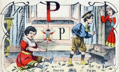 Bokstaven P Pantin Piano. Gravering i "ABC des joux pour petits boys". Avbildning av Pont-a-Mousson, Louis Vagne, trykkeri-utgiver, sent på 1800-tallet. Mål: 32,5x25 cm