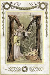 Brev som representerer en egyptisk mor som finner et forlatt barn (Moses sparer vann), sent på 1800-tallet (kromolitografi)
