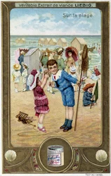 Liebigs kromolitografiserie «Strandspill» av barn. sd. 1800-tallet