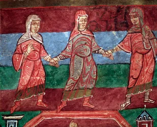 Livet til den hellige Radegund av Poitiers, kvinner som danser og synger sekulære sanger (miniatyr