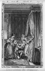 Kjærlighetens inokulering Illustrasjon fra «Julie eller den nye Héloise» av Jean Jacques Rousseau (1712–1788) utg. 1769