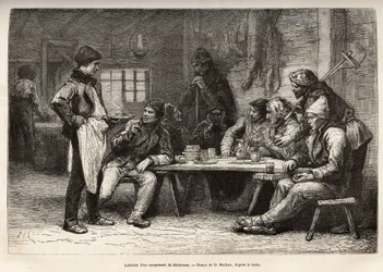 Interiøret i en woodcheron-leir i Ontario, gravering etter en tegning av D. Maillard, som illustrerer ekskursjonen til Canada og til Northern Red River, av H. De Lamotte, i 1873, publisert i "" Le world tour""" 1875 , redigert av Edouard