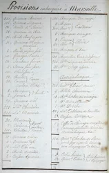 Liste over proviant tatt om bord i Marseille og oppskrifter mot skjørbuk i «Reise jorden rundt på Solide under kaptein Marchand» (en loggbok). 1791-1792. Nasjonalarkivet i Paris.