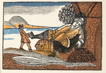 Little Thumb fra Histories or Tales of Past Times fortalt av Mother Goose, With Morals, av M Perrault, pub. 1925 (håndfarget treblokktrykk)