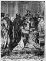 Lotharia I (795-855) ved føttene til pave Adrian II (792-872). Gravering i "Historien om pavene-kongene-dronninger og keisere gjennom århundrene"" av Maurice Lachatre