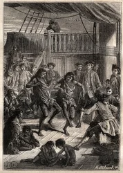 Louis Antoine, greve av Bougainville (1729-1811) mottok innbyggerne i Bay Fortescue (Detroit of Magellan) i sin båt "" La Boudeuse""" i 1768 - illustrasjon fra "The Great Mariners of the 18th century"