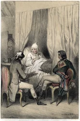 Louis Antoine Fauvelet de Bourienne (1769-1834), French diplomat and administrator, and General Napoleon Bonaparte (1769-1821) asked a sick old capitalist for money for the Italian campaign. Plate taken from “” Scenes de la vie des hommes famous””” engravi