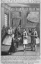 Louis Basile Carre de Montgeron tilbyr sin bok om diakon Francois de Paris og konvulsionærene i Saint-Medard til kong Louis XV, 1737