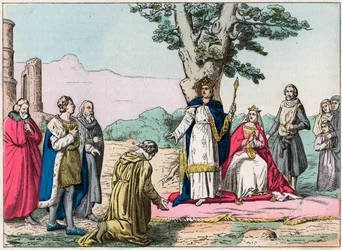 Louis IX, dit "Saint-Louis"" (1214-1270) yter rettferdighet til alle sine undersåtter i Bois de Vincennes - Saint Louis (1214-1270) yter rettferdighet - Gravering av slutten av 1800-tallet i "Nos Gires Nationales - Bilder og resitasjone