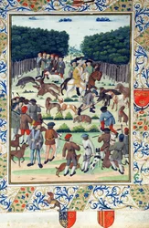Louis Malet (1441-1516) Seigneur de Graville, jakt på villsvin, fra Terrier de Marcoussis, etter 1493