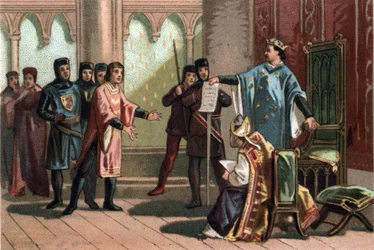 Ludvig VIII, kjent som "Løven" (1187 - 1226), Capetian-dynastiet, svarte stolt og heftig til en utsending av kongen av England Henry III. Kromolitografi rundt 1890.