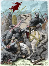 Louis VI sa at "The Gros" (1081 - 1137), i slaget ved Brenneville, forsøkte å ta Normandie fra kong Henry I av England i 1119. Gravering i "" Histoire De France En Cent Paintings av Paul Lehugeur "" 1891.