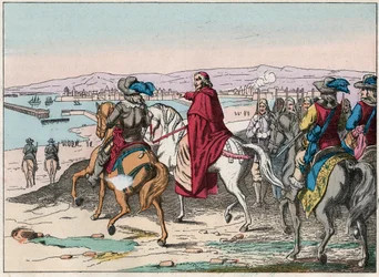 Louis XIII (1601-1643) og kardinal Richelieu ved setet til La Rochelle, place d'armes des Protestants i oktober 1628 - Kardinal de Richelieu og Louis XIII (1602-43) ved beleiringen av La Rochelle i oktober 1628 - Gravering av slutten av 1800-tallet