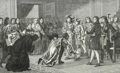 Solkongen Louis XIV (1638-1715) presenterer sitt barnebarn Philippe V (1683-1746) til de spanske utsendingene, fra 