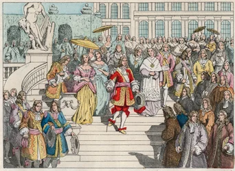 Ludvig XIV (Louis 14) og hans domstol i Versailles - Ludvig XIV av Frankrike og hans domstol i Versailles - Gravering av slutten av 1800-tallet i "" Nos Gires Nationales - Images et recits""