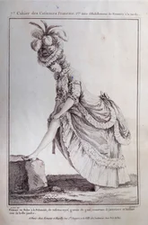 Louis XVI-mote: et fotportrett av en ung kvinne i en polsk kjole i stripet taft. Gravering fra 1778. Paris, dekorativ kunst
