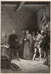 Louis de Berquin (1485-1529), ridder og humanist, religiøs reformator, frigjort av Jean de la Barre (1523-1533) prevot de Paris - Louis de Berquin (til venstre) løslatt fra fengselet av John de la Barre - gravering fra "" Frankrikes historie fort