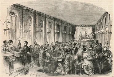 Lyrisk trykk av passasjen Jouffroy i Paris på 1800-tallet - Gravering i "" Tableau-de-Paris"" av Edmond Texier 1852