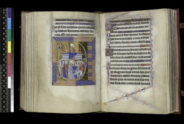 MS 300 f.177v-178r, Matins, Virgin and Child sitter mellom to vaser på benk (over); Forræderi mot Kristus, med Judas som kysset Kristus, og St. Peter som kuttet av Malchus’ øre (nedenfor), fra Salter og timer til Isabella av Frankrike, Paris, ca. 1265-70 (