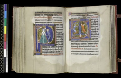 MS 300 f.199v-200r, stemmerett til døperen Johannes og stemmerett til St. Peter, fra Salter og timer til Isabella fra Frankrike, Paris, ca. 1265-70 (penn og blekk og tempera på pergament)