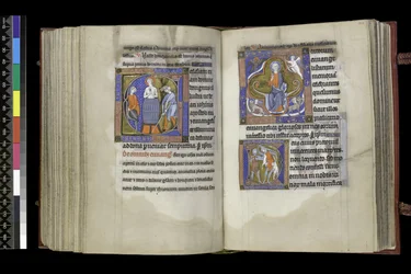 MS 300 f.201v-202r, stemmerett til Johannes og stemmerett til de hellige uskyldige, fra salmen og timer til Isabella av Frankrike, Paris, ca. 1265-70