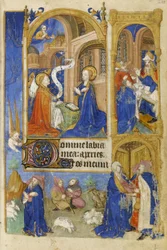 MS 39-1950 f.26r The Annunciation and Annunciation to the Shepherds, 1464 (gull, sølv og farget blekk på pergament)
