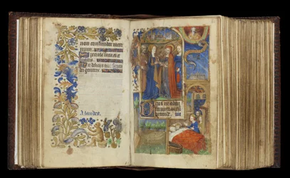 MS 39-1950 f.60v-61r The Visitation (gull, sølv og farget blekk på pergament)