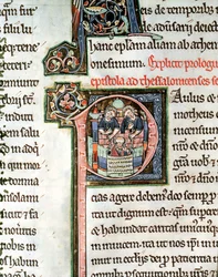MS 3 Fol. 291v The Escape of Saint Paul fra Damaskus, opplyst første bokstav P, 1200-tallet, fra Avranches Bible