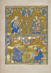 MS M.240 f.8r, Blanche av Castilla og kong Ludvig IX av Frankrike og nedenfor: Author Dictating to a Scribe, Bible of Saint Louis (Moralized Bible), sannsynligvis Paris