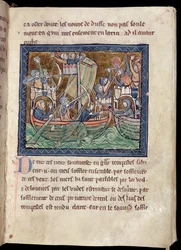 MS Marlay Add 1, fol. 86: Tekstside med illuminasjon av et sjøslag, fra De Re Militari, ca. 1270