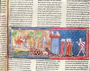 M. 806 f.166 Lancelot beviser sin kjærlighet til Guinevere ved å krysse en elv med et skarpt sverd, fra Roman de Lancelot du Lac, 1344