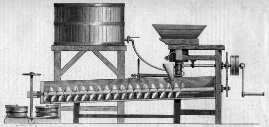 Machine for making concrete mortar. Engraving in “” Le Monde Illustré”” n°55 of 1 May 1858.