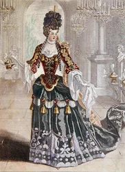 Mademoiselle Desmatins i rollen som Psyche i Lullys opera, ca. 1703 (fargegravering)