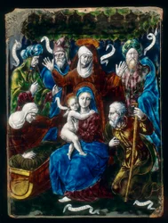 Madonna og barn, hellige og profeter, jobber i majolica fra Penicaud-verkstedet