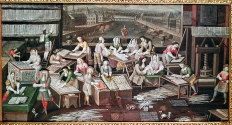 Produksjon av spillekort i et hus på Place Dauphine (design for en vifte, gouache på papir, ca. 1680)
