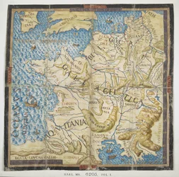 Kart over det gamle Europa, fra 'Les Commentaries de la Guerre Gallique' (bok I) av François Desmoulins de Rochefort