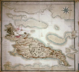 Kart over Rhode Island på tidspunktet for okkupasjonen 1780-81 av den franske hæren på ordre fra Jean-Baptiste de Vimeur (1725-1807) grev av Rochambeau