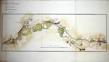 Kart over Canal de Bourgogne, slutten av 1700-tallet (akvarell på papir)
