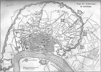 Kart over byen Antwerpen (Belgia) i 1859; som representerer prosjektet til de nye festningsverkene. Gravering i "" Le Monde Illustré"" nr. 128 av 24. september