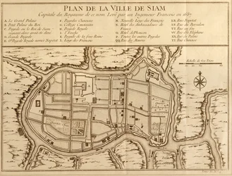 Kart over byen Siam, hovedstaden i kongeriket med det navnet etter en undersøkelse utført av en fransk ingeniør i 1687, publisert i 1751-utgaven av Histoire Generale des Voyages av Antoine Prevost