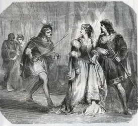 Marguerite de Baviere, hertuginne av Burgund (1363-1423) og dronning Isabeau (Isabelle, Elisabeth) av Baviere (1371-1435) skiller Louis I av Valois, hertug av Orleans (1372-1407) og Jean Sans Ppeur, hertug av Burgund ( 1371-1419), som kjemper for regjering