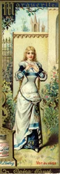 Marguerite i operaen Faust av Charles Gounod laget i 1859, etter stykket av Johann Wolfgang von Goethe. Alfabet av kvinnelige navn på temaet: feminine kostymer og operaer. Liebig reklamekromolitografi.
